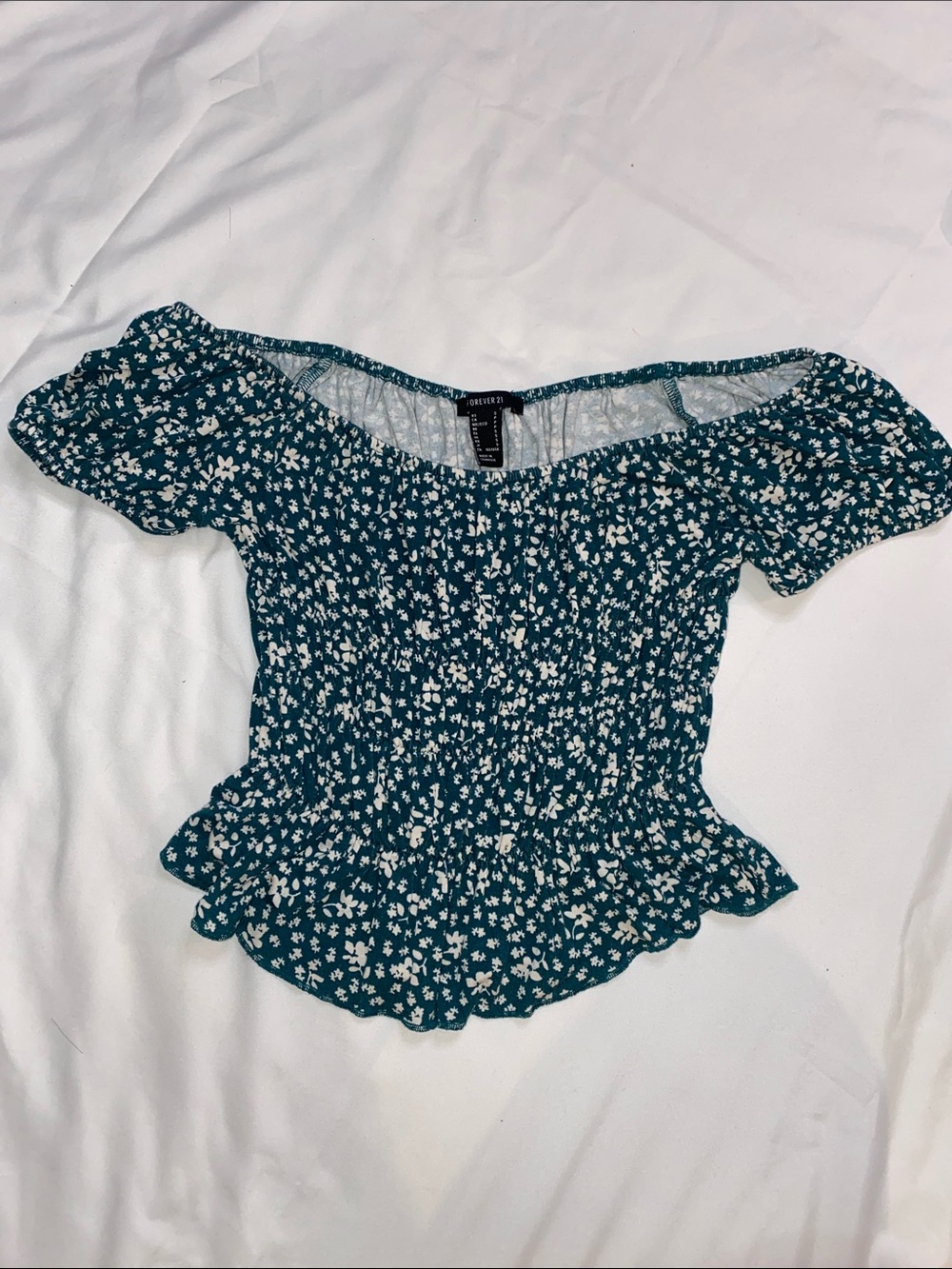 Forever 21 Teal Floral Off-the-Shoulder Smocked Top